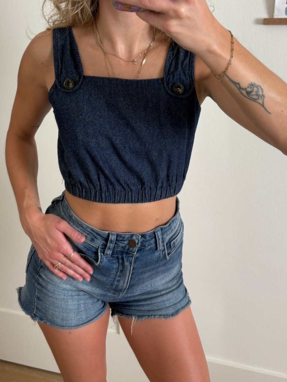 Staud The Finn Denim Crop Top Blue XS Structured Tank